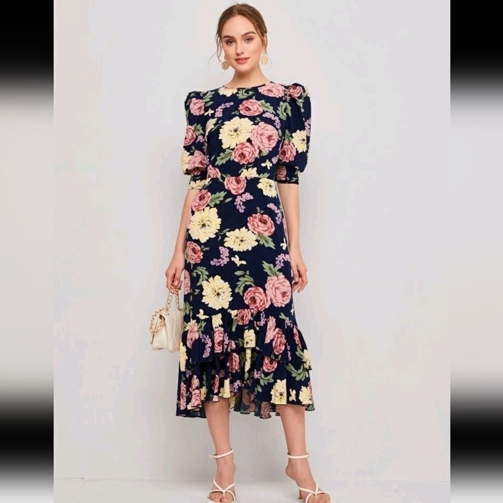 Puff Sleeve Layered Asymmetrical Ruffle Hem Floral Dress Multicolor Large